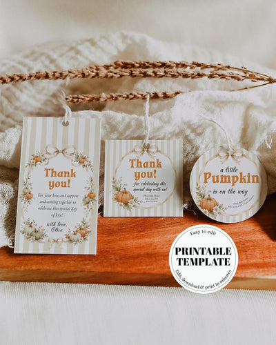Pumpkin Baby Shower Favor Tags, Cottagecore Bow Label Stickers, Fall Gender Neutral Template 089PU-TLST - marryful.org