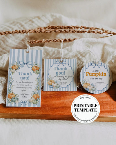 Blue Pumpkin Baby Shower Favor Tags, Boy Fall Label Stickers Editable Template 089PU-TLST-BL - marryful.org