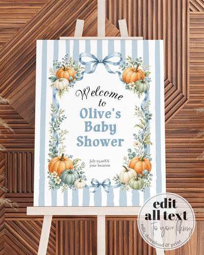 Blue Pumpkin Baby Shower Welcome Sign, Boy Fall Cottagecore Bow Editable Template 089PU-WLCM-BL