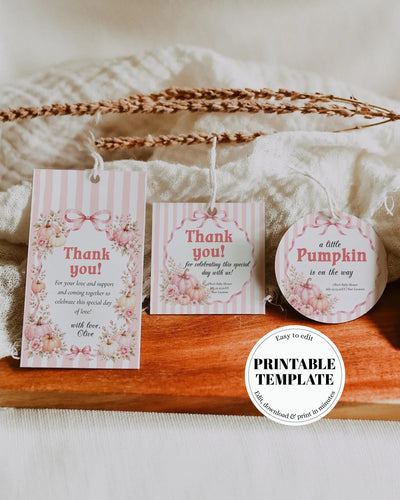 Pink Pumpkin Baby Shower Favor Tags, Girl Fall Label Stickers Editable Template 089PU-TLST-PI - marryful.org
