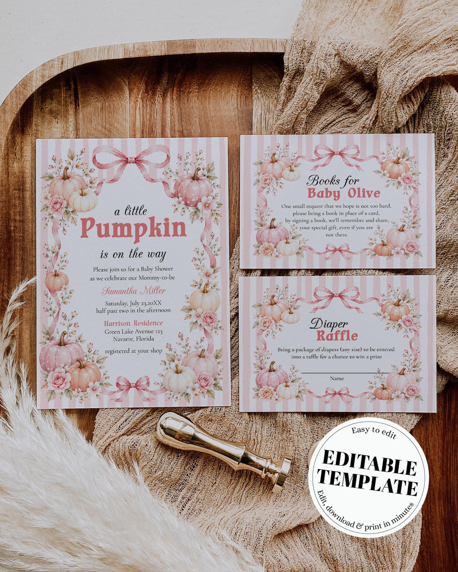 Pink Pumpkin Baby Shower Invitation, Girl Fall Cottagecore Bow Frame Editable Template 089PU-BSINV-PI - marryful.org