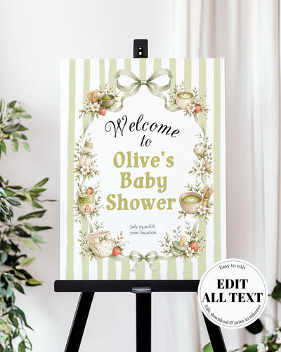 Matcha Baby Shower Welcome Sign Template, Green-Striped A Little Matcha Is on the Way 089MA-WLCM-GR - marryful.org