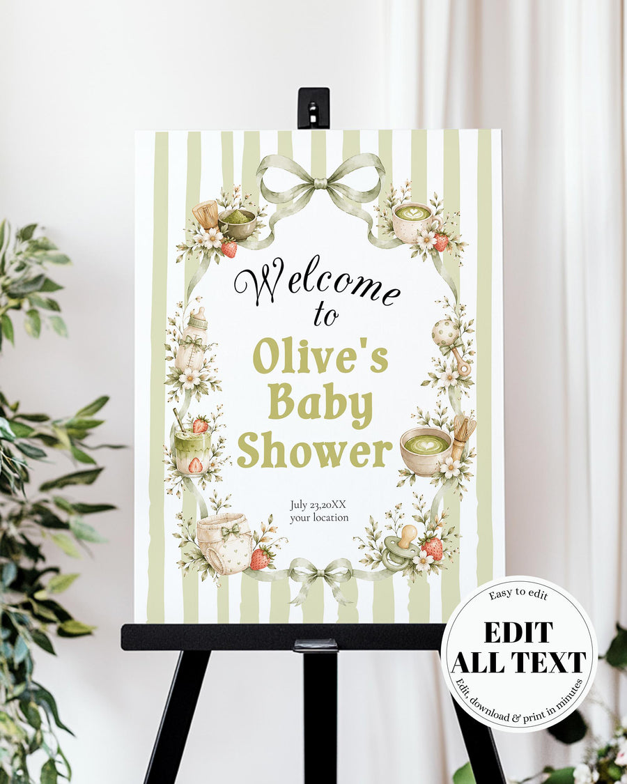Matcha Baby Shower Welcome Sign Template, Green-Striped A Little Matcha Is on the Way 089MA-WLCM-GR - marryful.org