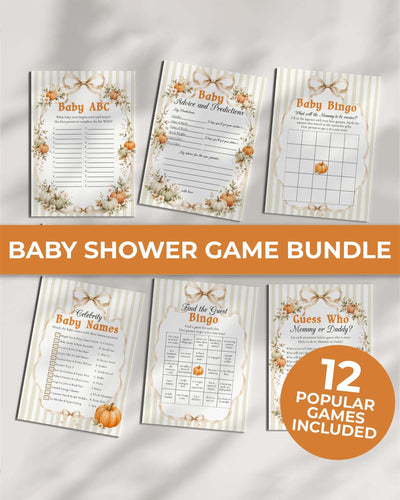 Neutral Pumpkin Baby Shower Games Bundle, Beige Fall Cottagecore Bow Editable Template 089PU-BSGAMEB - marryful.org
