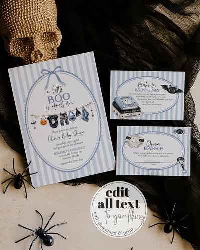 A Little Boo Is Almost Due Invitation Set, Blue Halloween Baby Shower Template 089HA-BSINV - marryful.org
