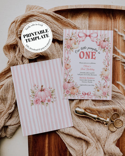 Pink Pumpkin First Birthday Invitation, Girl Fall Cottagecore Bow Frame Editable Template 089PU-BDAY-PI - marryful.org