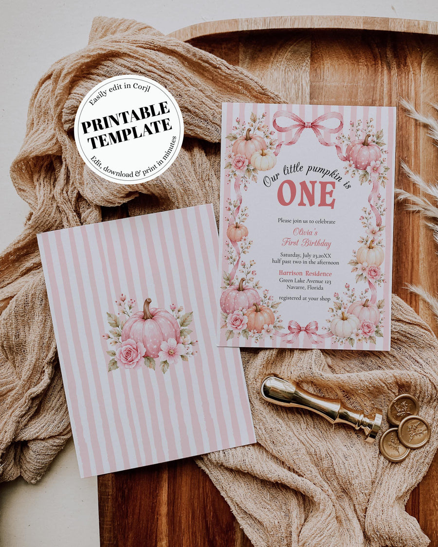 Pink Pumpkin First Birthday Invitation, Girl Fall Cottagecore Bow Frame Editable Template 089PU-BDAY-PI - marryful.org