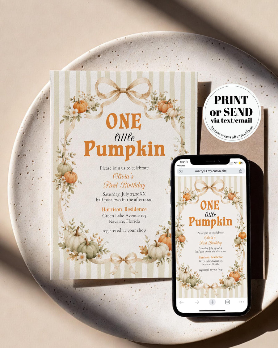 Neutral Pumpkin First Birthday Invitation, Beige Orange Fall Cottagecore Bow Editable Template 089PU-BDAY - marryful.org