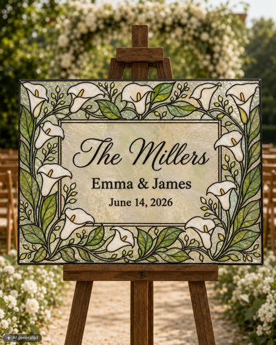 Last Name Wedding Sign, Horizontal Calla Lily Faux Stained Glass Keepsake Canva Template 035STGL-WLCM - marryful.org