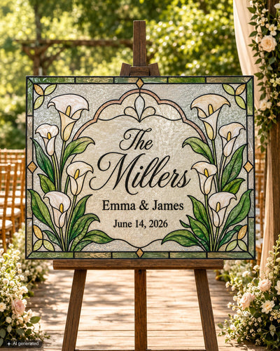 Last Name Wedding Sign, Arched Calla Lily Faux Stained Glass Keepsake Canva Template 035STGL-WLCM - marryful.org