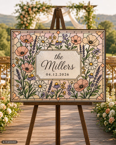 Wildflower faux stained glass last name wedding sign template for a DIY acrylic keepsake with editable text.