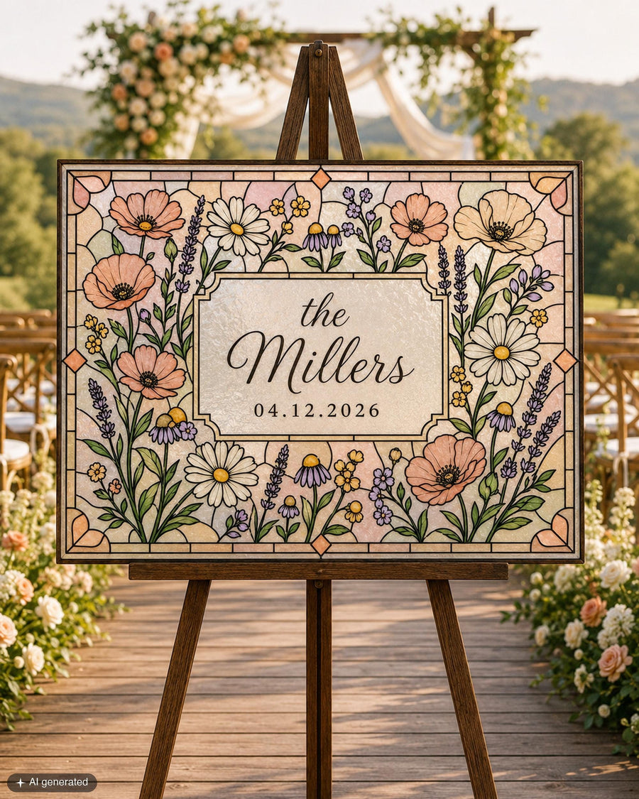 Wildflower faux stained glass last name wedding sign template for a DIY acrylic keepsake with editable text.