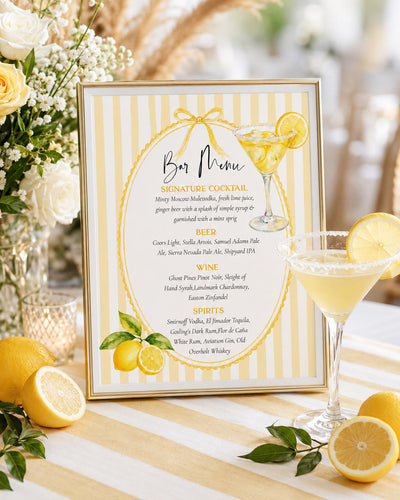 Lemon Drop Bar Menu Sign, Birthday Party Drinks, Beer Wine Printable Editable Template 089LE-BAME - marryful.org