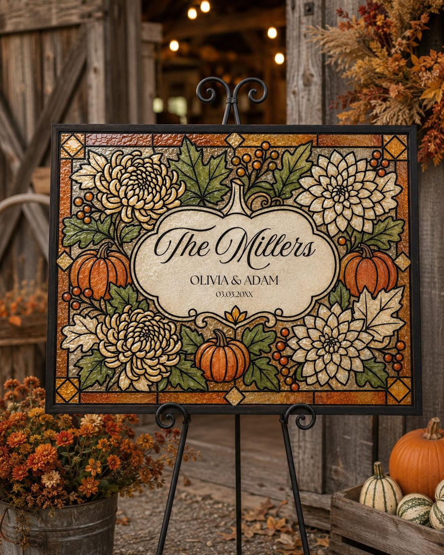 Pumpkin Last Name Wedding Sign, Autumn Floral Faux Stained Glass Keepsake Canva Template 035STGL-FALL - marryful.org