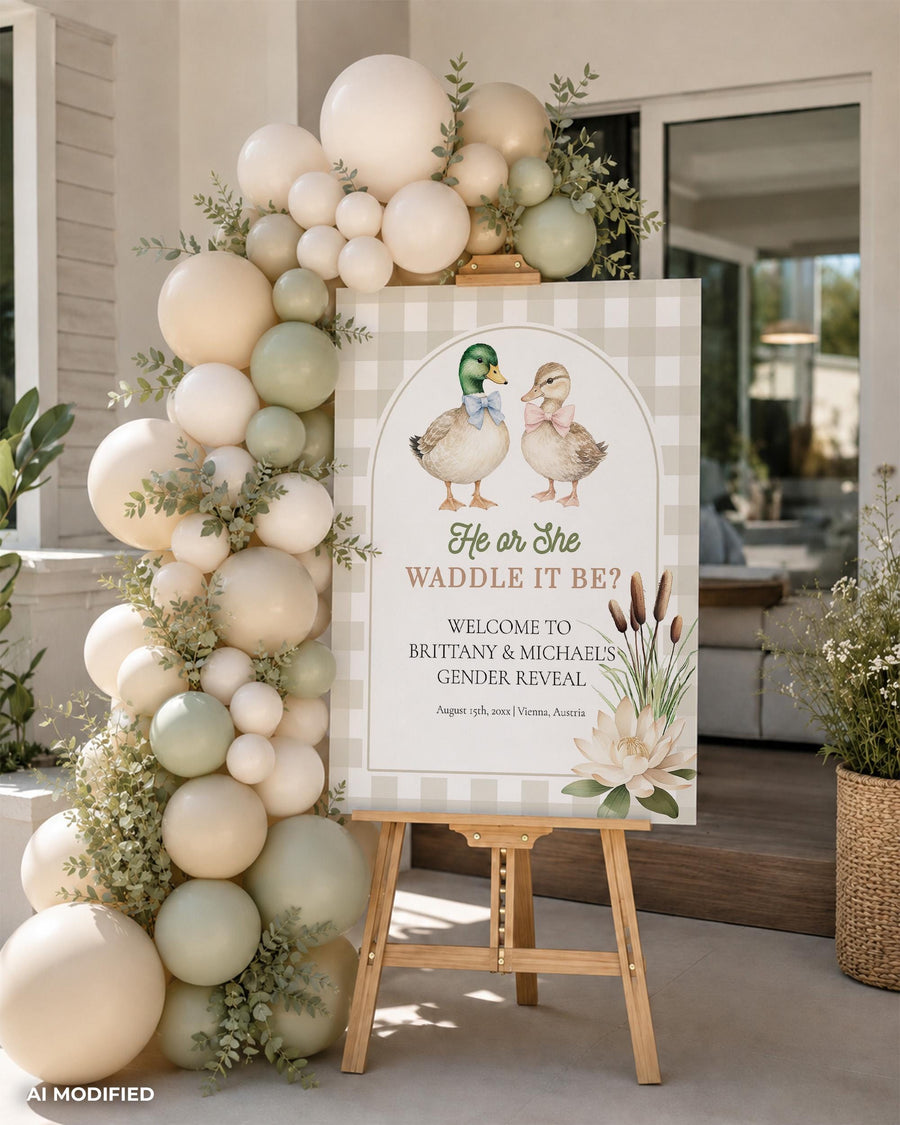 Lucky Duck Gender Reveal Welcome Sign, Waddle It Be Watercolor Mallard Duck Editable Template 006LD-WLCM