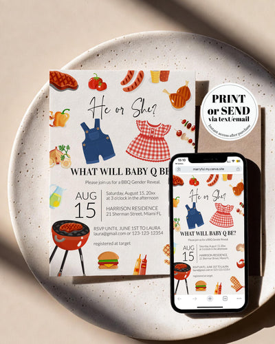 Baby Q Gender Reveal Invitation, Rustic Backyard BBQ Party, Editable Country Cookout Template 073BBQ-GERINV - marryful.org