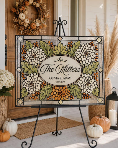 Last Name Wedding Sign, Fall Floral Faux Stained Glass Keepsake Canva Template DIY 035STGL-FALL - marryful.org