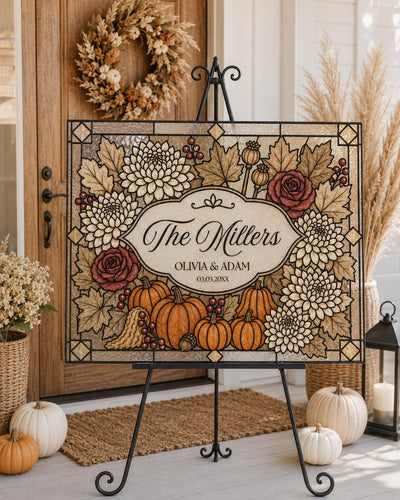 Last Name Wedding Sign, Pumpkin Fall Faux Stained Glass Keepsake Canva Template DIY 035STGL-FALL - marryful.org