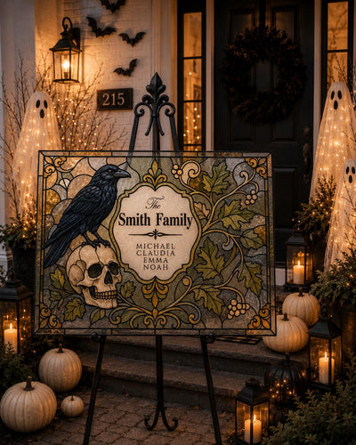 Gothic Halloween Family Name Sign, Raven Skull Faux Stained Glass Tracing Canva Template 035STGL-HAWE - marryful.org