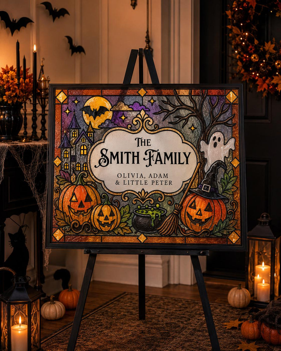 Halloween Family Name Sign, Faux Stained Glass Pumpkin Ghost DIY Tracing Canva Template 035STGL-HAWE - marryful.org