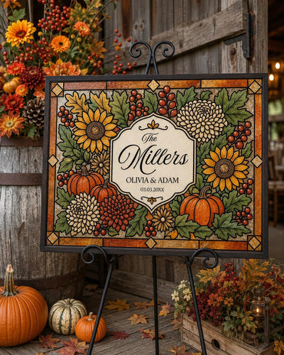 Sunflower Last Name Wedding Sign, Fall Faux Stained Glass Keepsake Canva Template DIY 035STGL-FALL - marryful.org