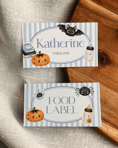 Blue Halloween baby shower food labels and place cards with soft striped background, vintage bow frame and Little Boo boy shower style.