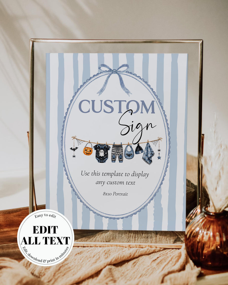 Blue Halloween baby shower custom sign with Little Boo boy shower theme, vintage bow frame and soft cottagecore stripes.