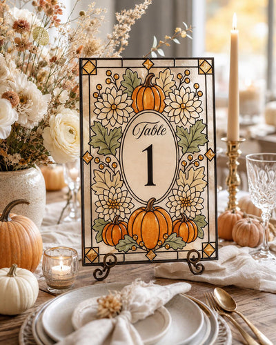 Faux Stained Glass Table Number Template, Pumpkin Fall Wedding DIY Acrylic Canva Sign 035STGL-TBNR - marryful.org