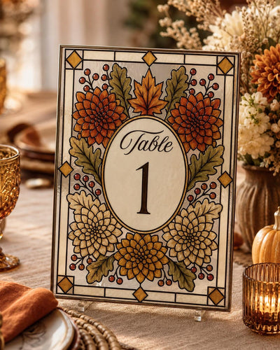 Faux Stained Glass Table Number Template, Fall Floral Wedding DIY Acrylic Canva Sign 035STGL-TBNR - marryful.org