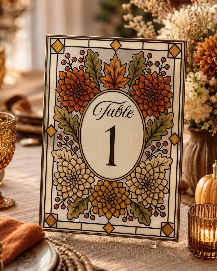 Faux Stained Glass Table Number Template, Fall Floral Wedding DIY Acrylic Canva Sign 035STGL-TBNR - marryful.org