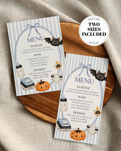 Blue Halloween baby shower menu card with Little Boo boy shower theme, cottagecore stripes and vintage bow frame.