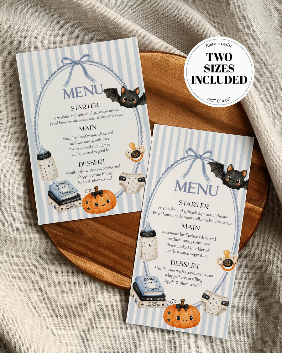 Blue Halloween baby shower menu card with Little Boo boy shower theme, cottagecore stripes and vintage bow frame.
