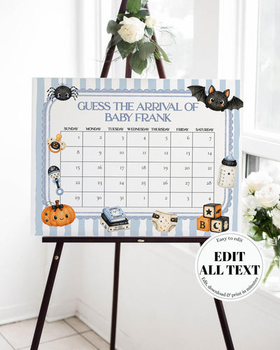 Blue Little Boo Halloween baby shower guess the baby arrival game sign with vintage bow frame and soft striped background.