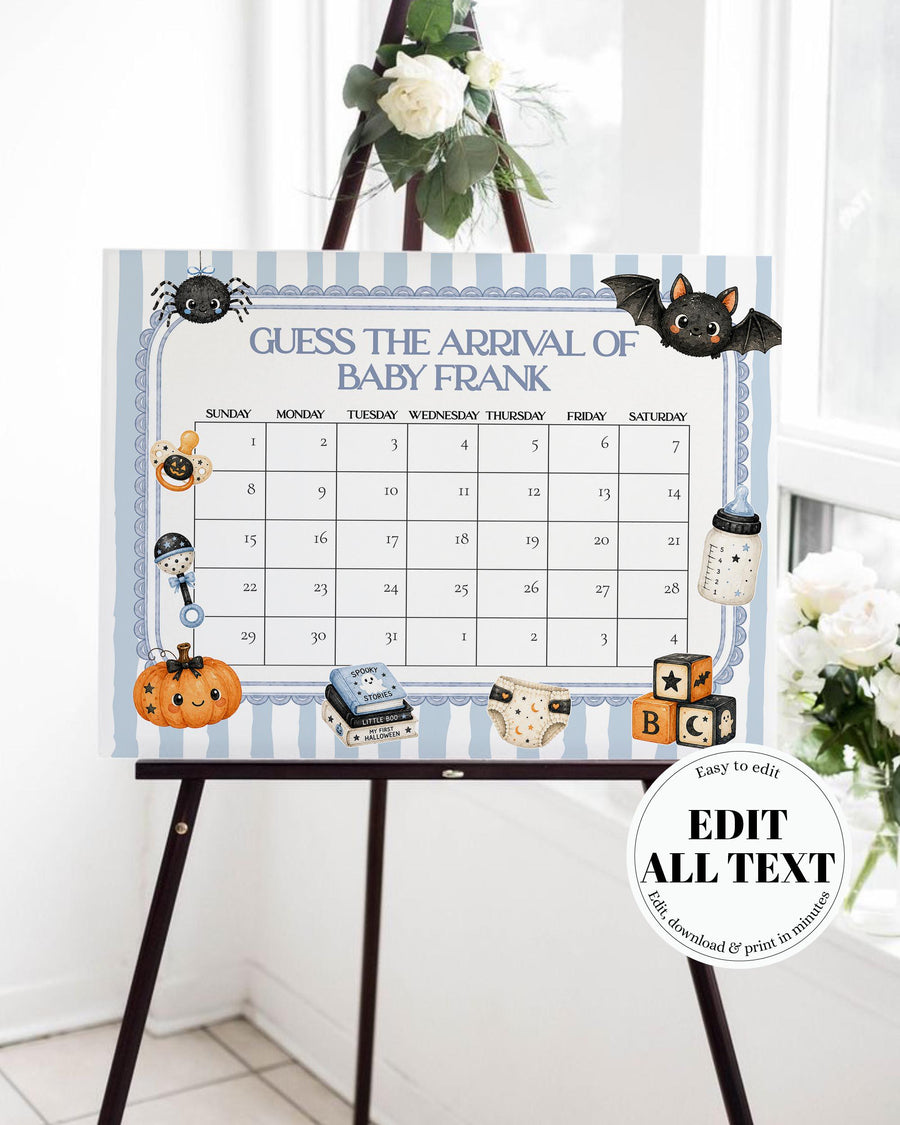 Blue Little Boo Halloween baby shower guess the baby arrival game sign with vintage bow frame and soft striped background.