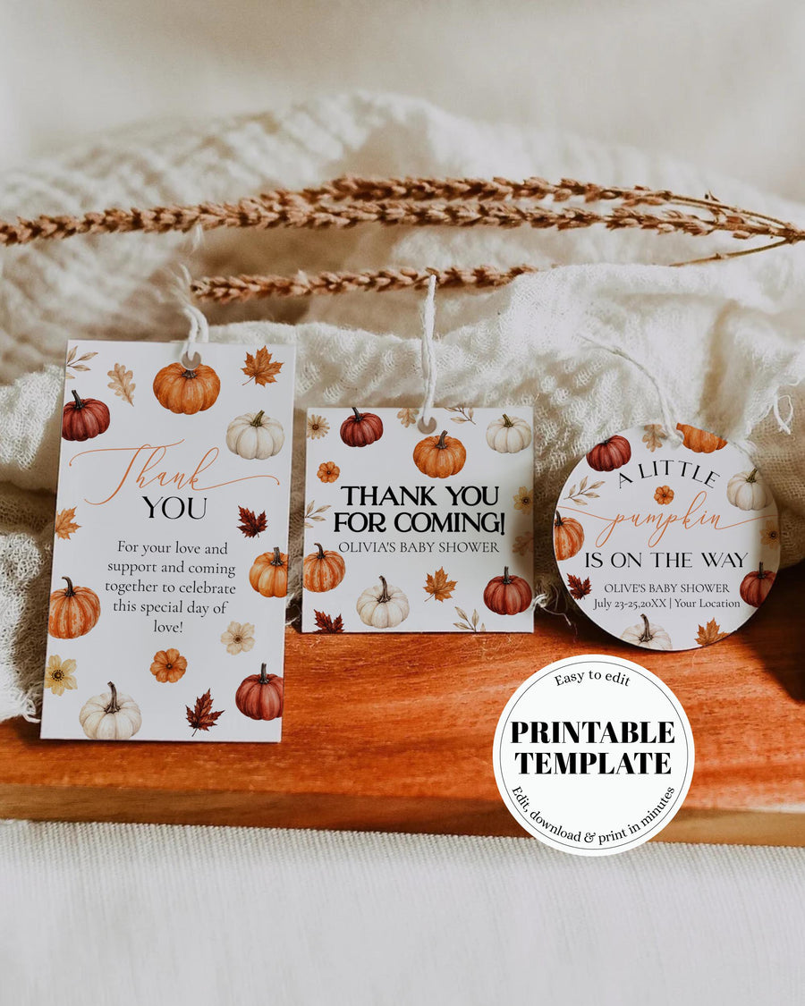 Little Pumpkin Baby Shower Favor Tags, Fall Labels, Stickers, Editable Corjl Template 073PU-TLST