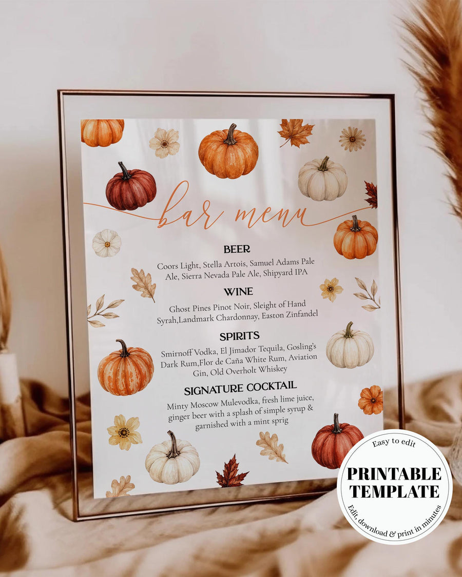 Little Pumpkin Baby Shower Drink Menu, Fall Bar Sign, Editable Corjl Template 073PU-BAME