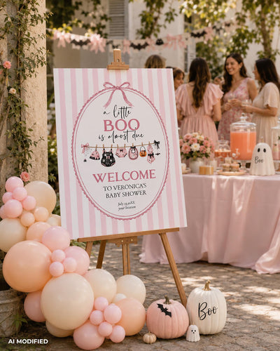 Pink Halloween Baby Shower Welcome Sign, Little Boo Girl Party Poster, Editable Template