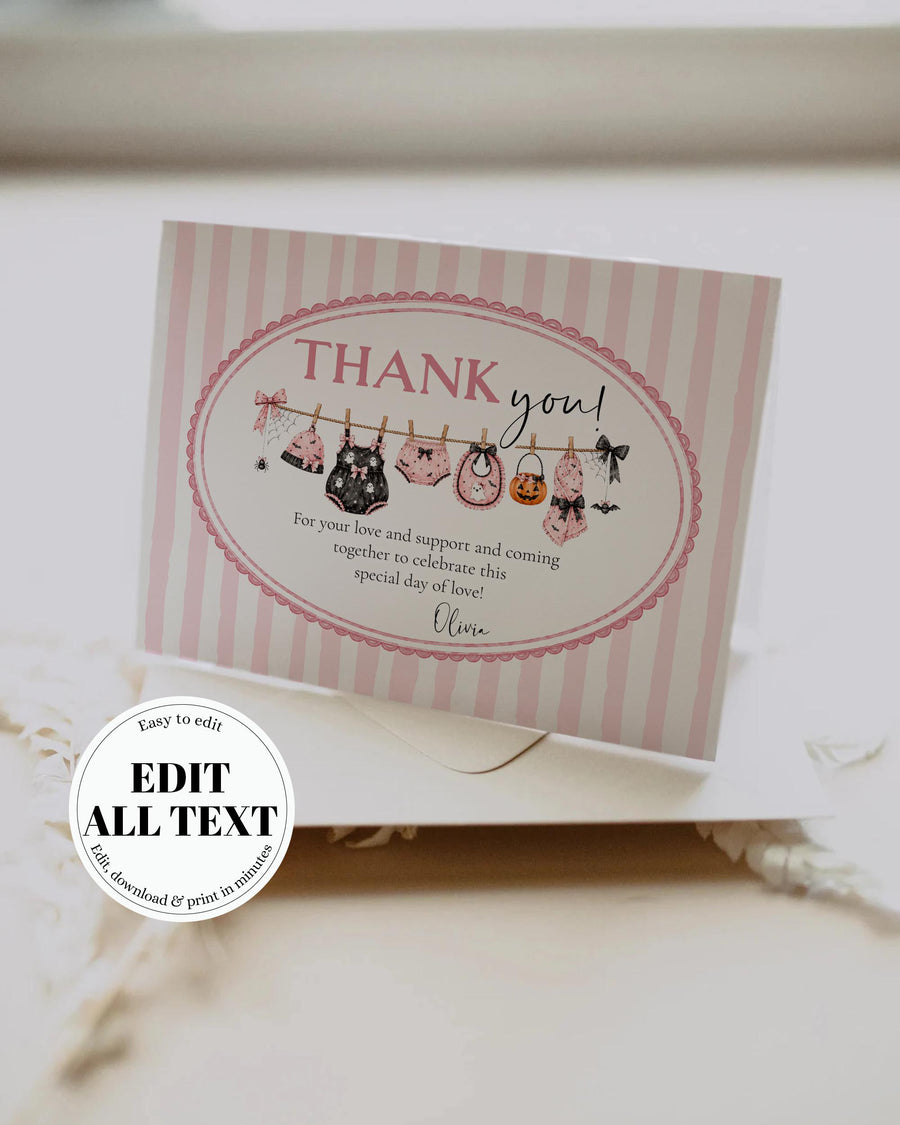 Pink Halloween Baby Shower Thank You Card, Little Boo Girl Note, Editable Template 089HAP-THCA