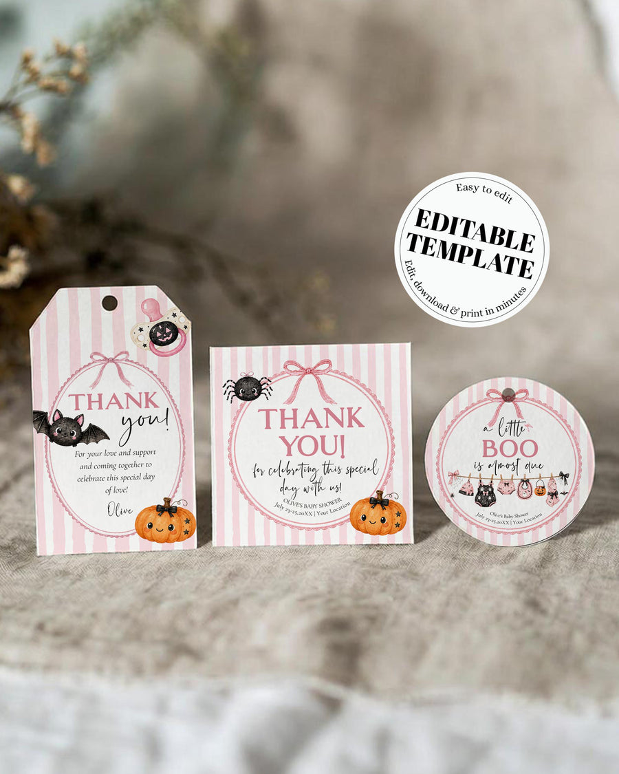 Pink Halloween Baby Shower Favor Tags, Little Boo Labels Stickers, Printable Editable Template 089HAP-TLST
