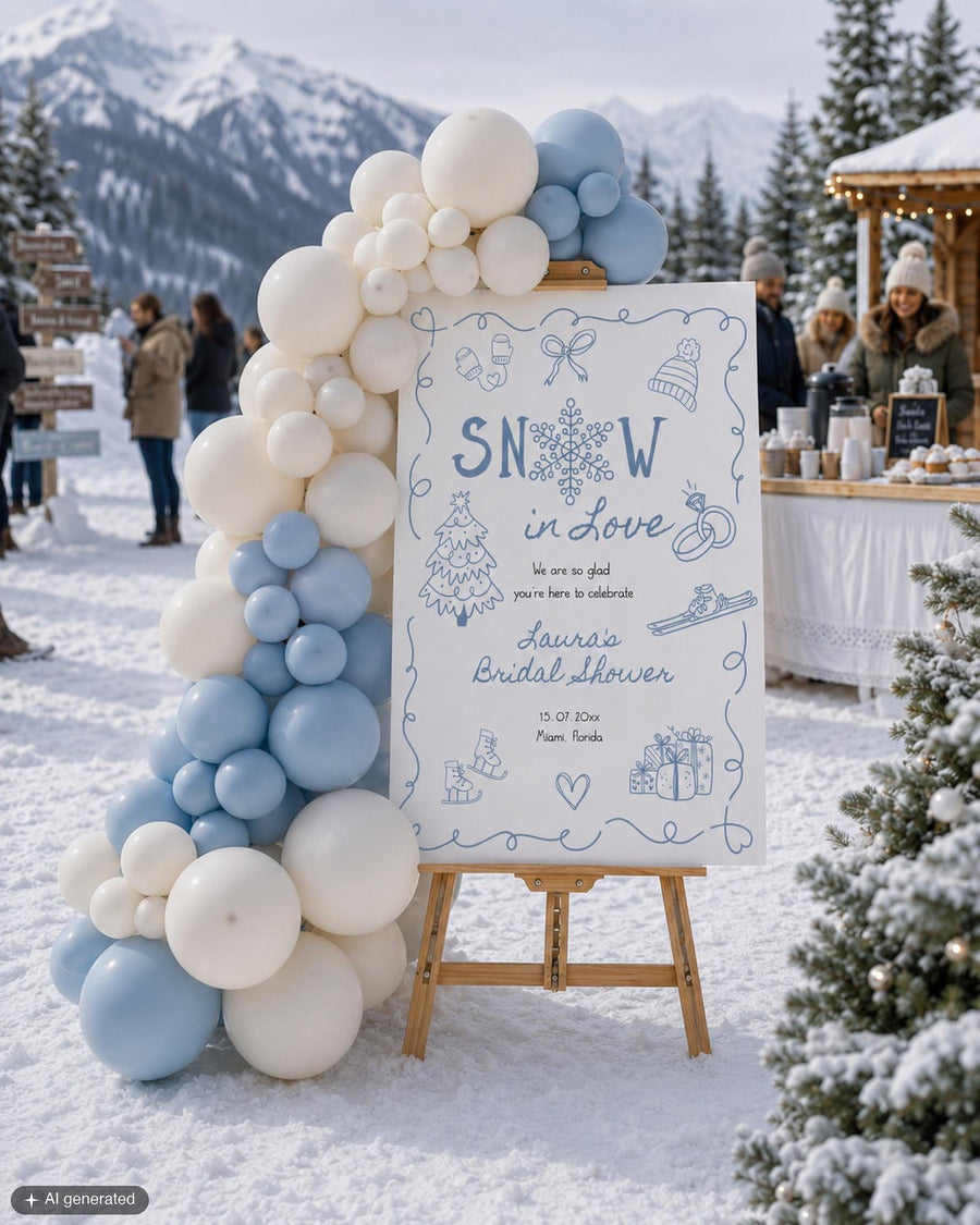 Snow in Love Bridal Shower Welcome Sign, Blue Snowflake Winter Poster, Editable Template 070BL-WLCM