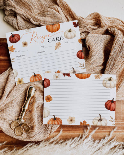 Pumpkin Bridal Shower Recipe Card, Orange Floral Fall Stationery, Editable Printable Keepsake Template 073PU-RECA