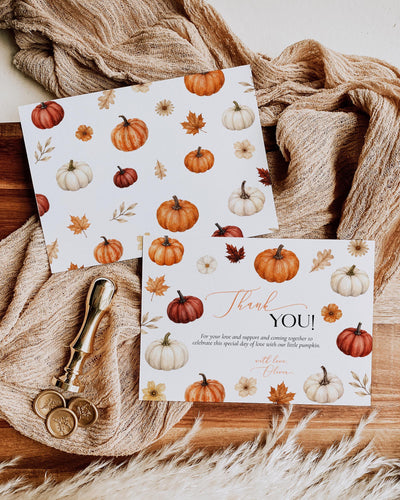 Pumpkin Baby Shower Thank You Card, Cottagecore Florals, Editable Fall Gratitude Note Template