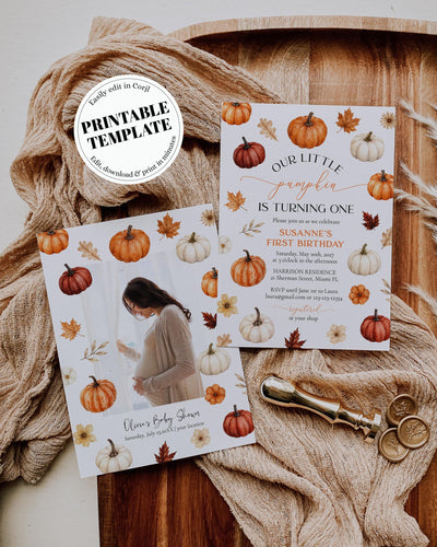 Autumn Birthday Invitation, Our Little Pumpkin Invite, Editable Kids Fall Party Celebration Template