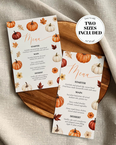 Pumpkin Baby Shower Menu Card, Cottagecore Fall Florals, Editable Printable Table Stationery Template