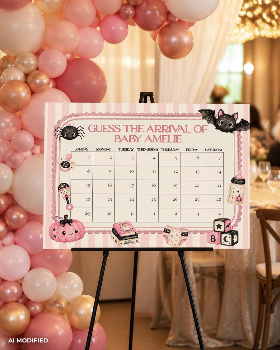 Pink Halloween Baby Shower Due Date Sign, Little Boo Calendar Game, Editable Template 089HAP-GUDD