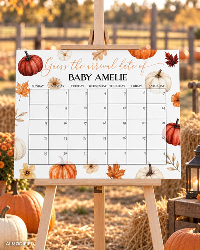 Pumpkin Baby Due Date Sign, Fall Arrival Calendar Game, Editable Shower Poster Template