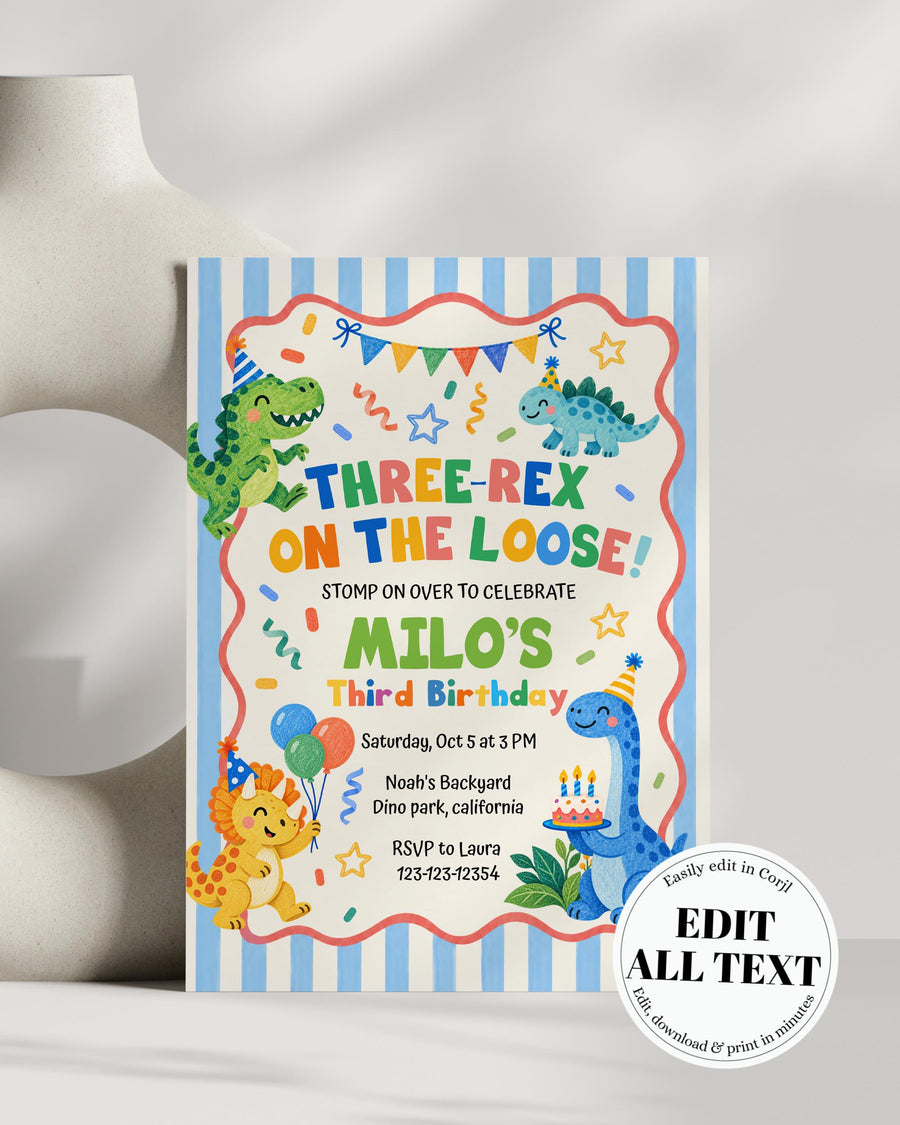 Dinosaur Birthday Invitation, Three Rex Party Invite, Instant Printable Toddler Celebration Editable Template 025DI-BINV