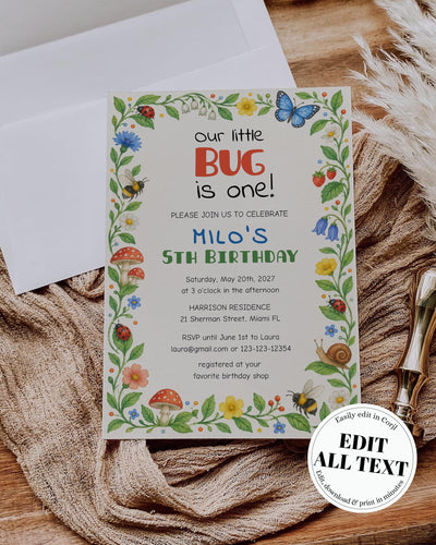 Bug Birthday Invitation, Insect Garden Party Invite for Kids, Editable Digital Card Template 032BU-BINV