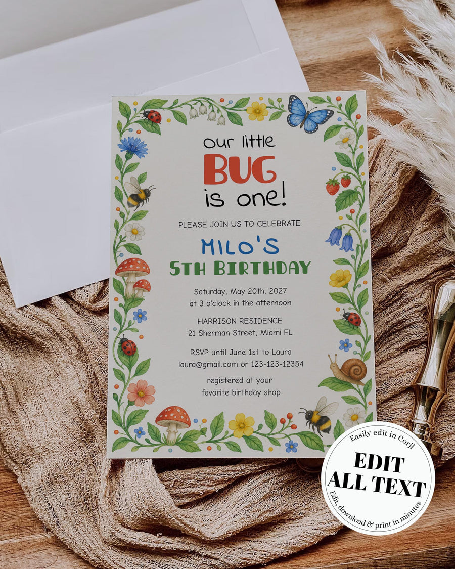 Bug Birthday Invitation, Insect Garden Party Invite for Kids, Editable Digital Card Template 032BU-BINV