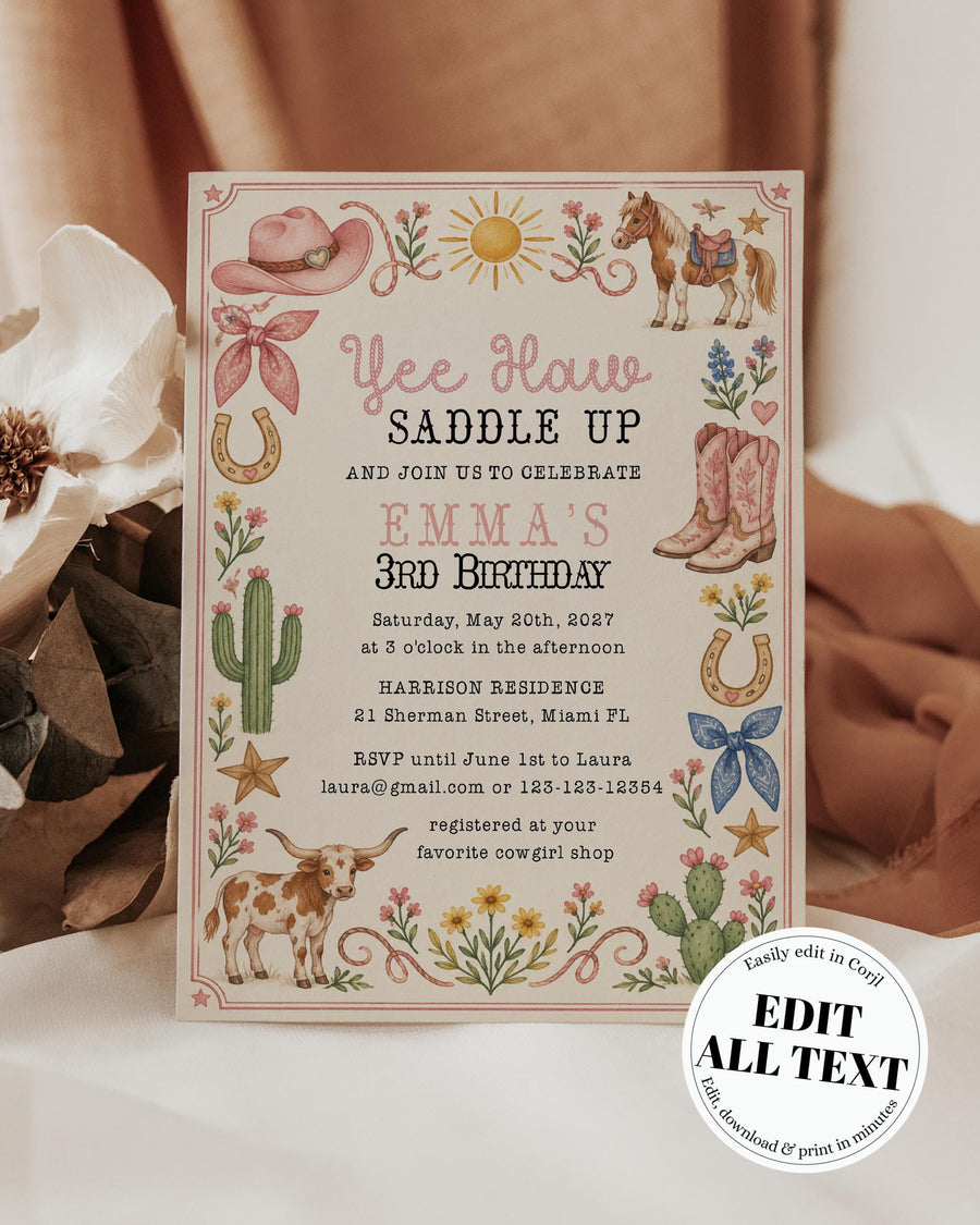 Cowgirl Birthday Invitation, Western Cowgirl Party Invite for Girls, Editable Digital Card Template 032CG-BINV